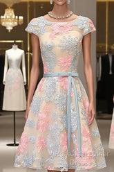 Round Neck Colorful Short Cap Sleeves Lace Semi Formal Prom Dresses, Short Colorful Lace Graduation Homecoming Dresses